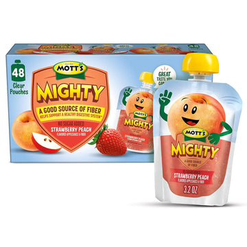 Mott'S Mighty Strawberry Peach Applesauce, 3.2 Oz Clear Pouches, 48 Count (4 Packs Of 12), No Sugar Added, Good Source Of Fiber, Supports A Healthy Digestive System, Gluten-Free, Kosher