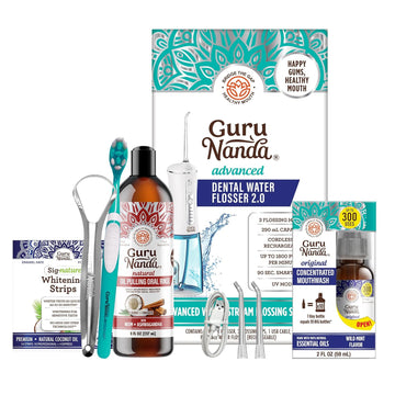 Gurunanda Oral Care Routine - Ashwagandha Oil Pulling With Teeth Whitening Strips, Concentrated Mouthwash And Advanced Water Flosser