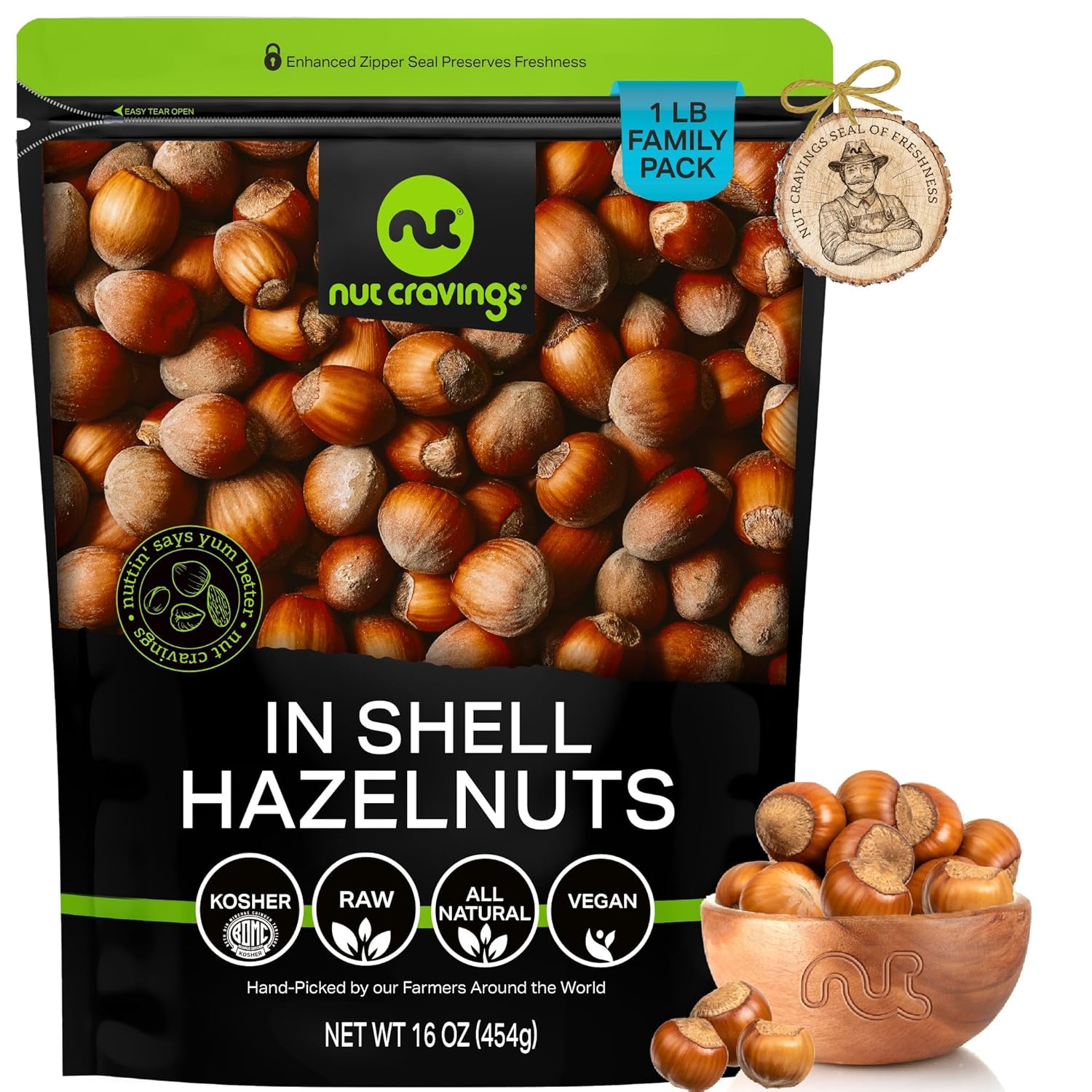 Nut Cravings, Raw Hazelnuts Filberts In Shell, Whole, (16Oz - 1 Lb) Bulk Nuts Packed Fresh In Resealable Bag, Healthy Protein Food Snack, Natural Keto Vegan Kosher Ideal For Trail Mixed Nuts