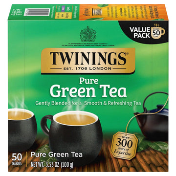 Twinings Pure Green Tea, Individually Wrapped Bags, 50 Count (Pack Of 6), Caffeinated, Smooth Flavour, Enticing Aroma, Enjoy Hot Or Iced