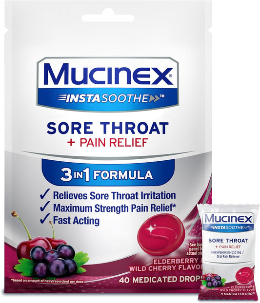 Mucinex Instasoothe Sore Throat Relief Drops, Sore Throat Lozenges, Sore Throat Medicine With Hexylresorcinol, Cough Drops Alternative, Honey & Echinacea Flavor Medicated Numbing Throat Drops, 40 Ct
