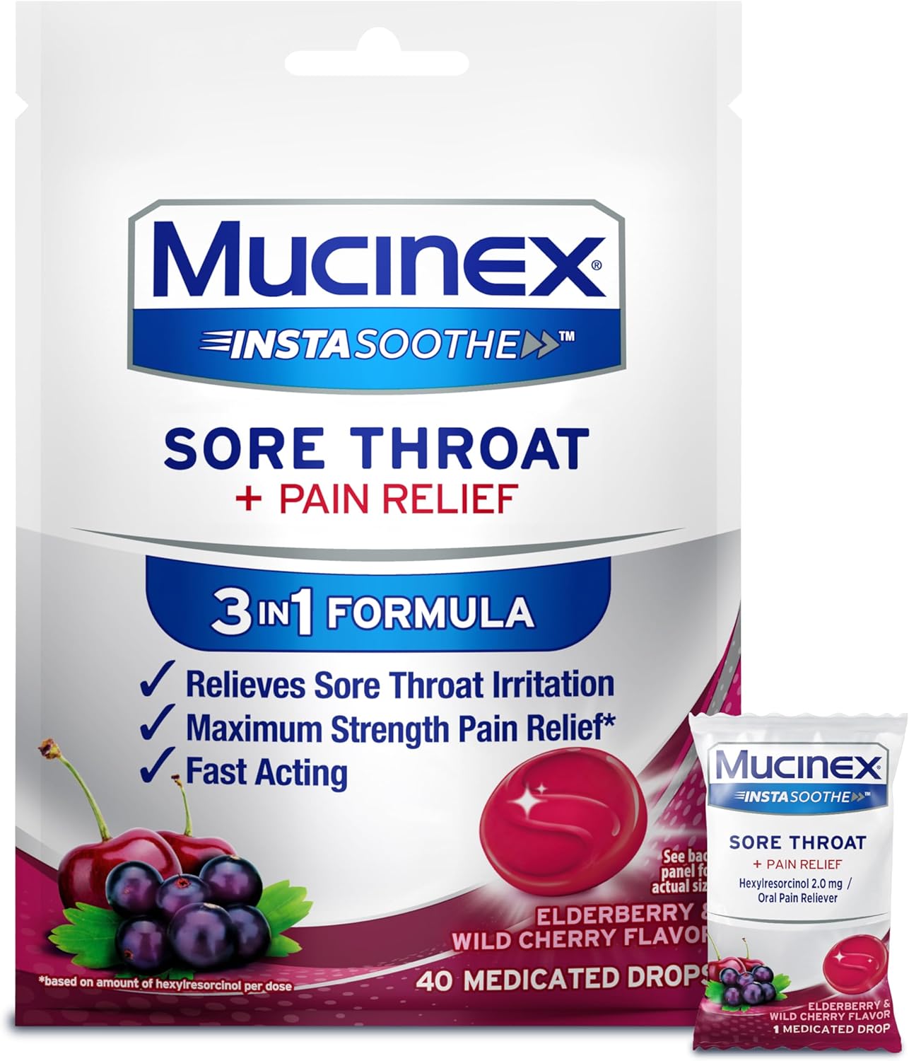Mucinex Instasoothe Sore Throat Relief, Sore Throat Lozenges, Sore Throat Medicine With Hexylresorcinol, Cough Drops Alternative, 40 Elderberry & Wild Cherry Medicated Numbing Throat Drops