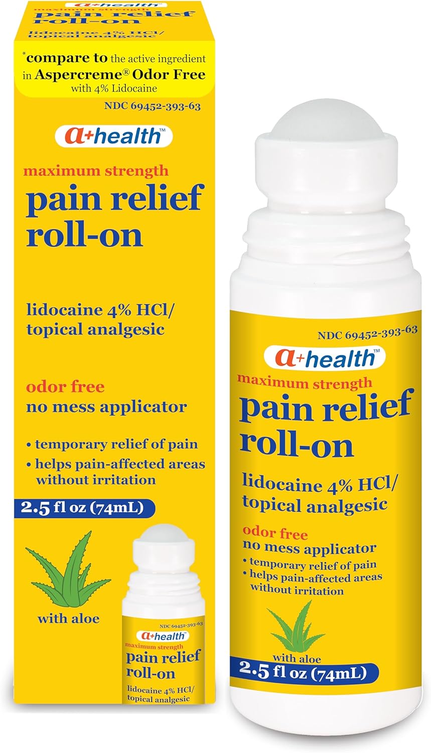 Pain Relief Roll-On Liquid, Lidocaine 4%, Odor Free, Maximum Strength Pain + Itch Relief With Aloe, Made In Usa, 2.5 Fl Ounces