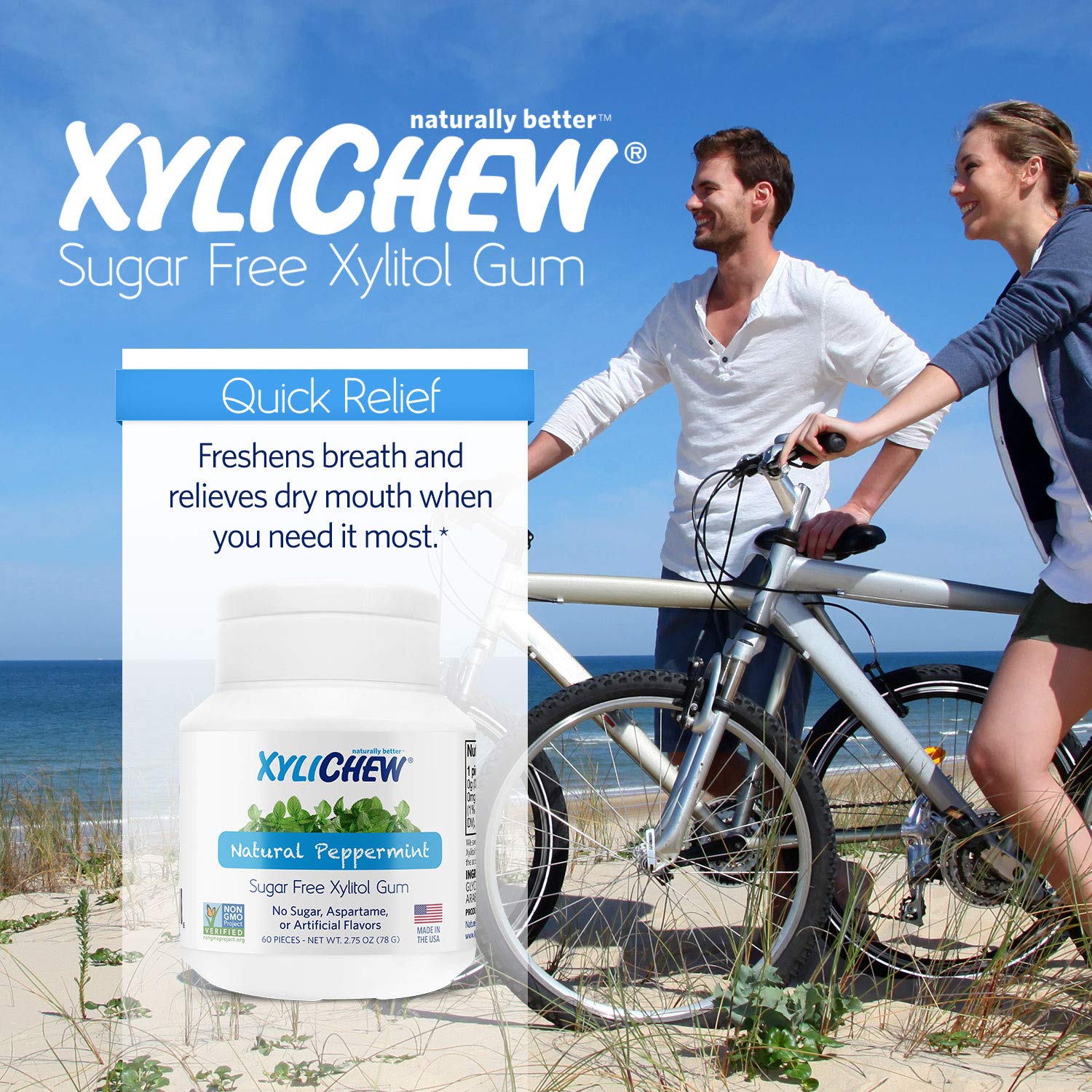 Xylichew 100% Xylitol Chewing Gum - Non Gmo, Non Aspartame, Gluten Free, And Sugar Free Gum - Natural Oral Care, Relieves Bad Breath And Dry Mouth - Peppermint, 240 Count : Grocery & Gourmet Food