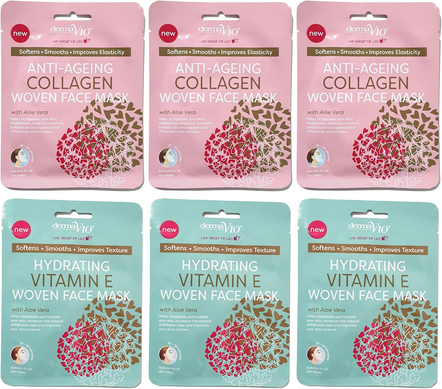 Derma V10 Woven Face Mask With Aloe Vera 6 Pack Bundle (3 X Anti-Ageing Collagen, 3 X Hydrating Vitamin E)