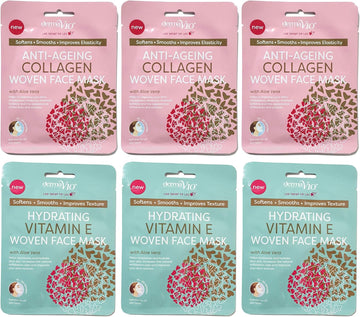 Derma V10 Woven Face Mask With Aloe Vera 6 Pack Bundle (3 X Anti-Ageing Collagen, 3 X Hydrating Vitamin E)