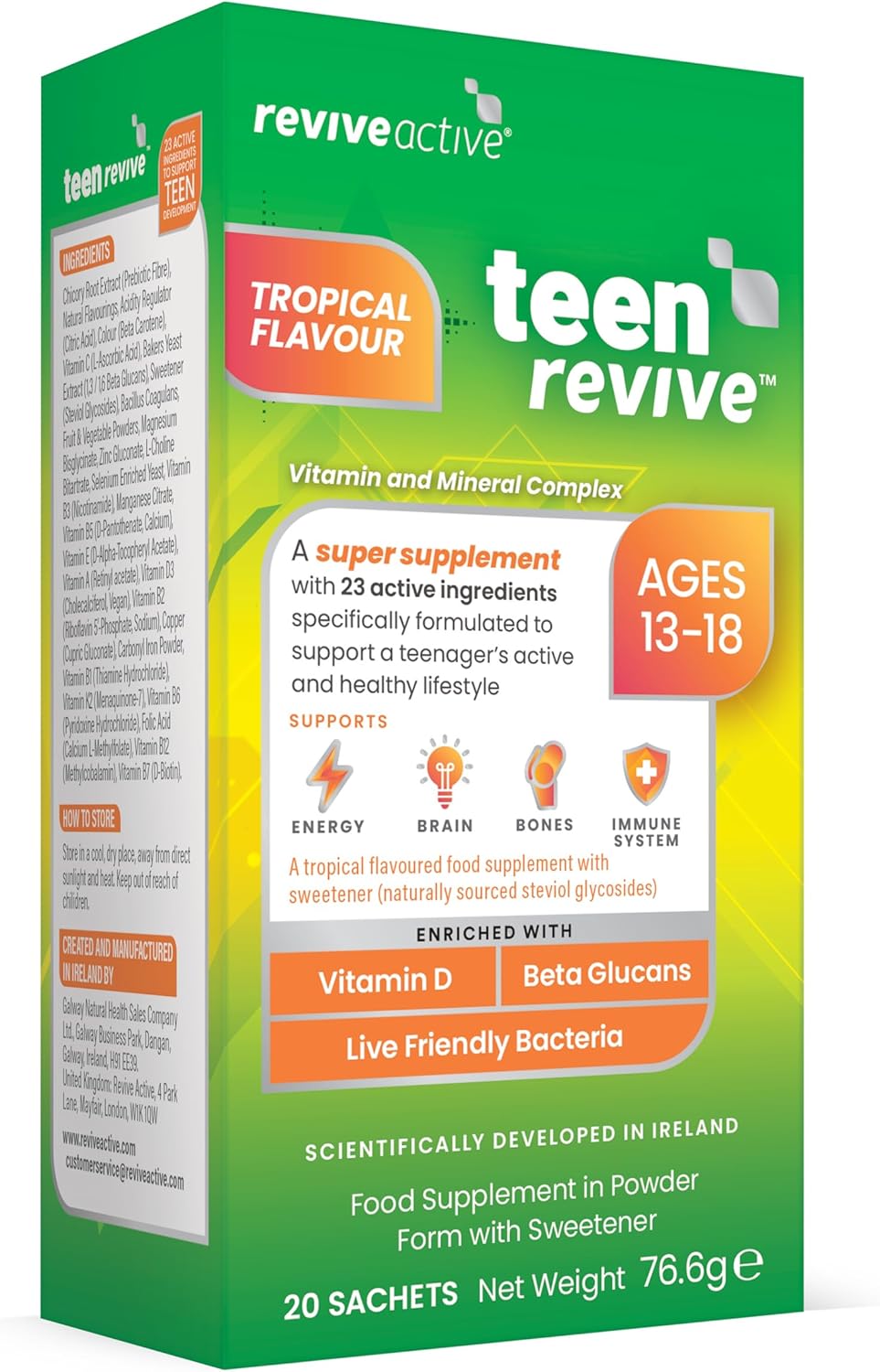 Teen Revive Super Supplement - 23 Active Ingredients In 1 Daily Sachet - Vitamin C, B12, Niacin, And Folate - Supports Overall Health & Immune System - Suitable For 13-18 Years Old - 20 Days Supply