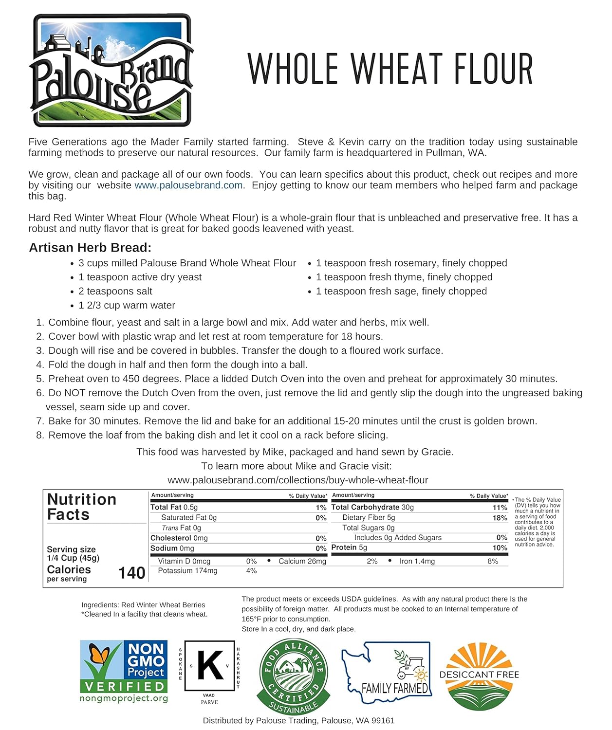 Hard Red Winter Whole Wheat Flour | 3 LBS | Non-GMO | 100% Non-Irradiated | Certified Kosher Parve | USA Grown | Field Traced | Resealable Kraft Bag : Grocery & Gourmet Food