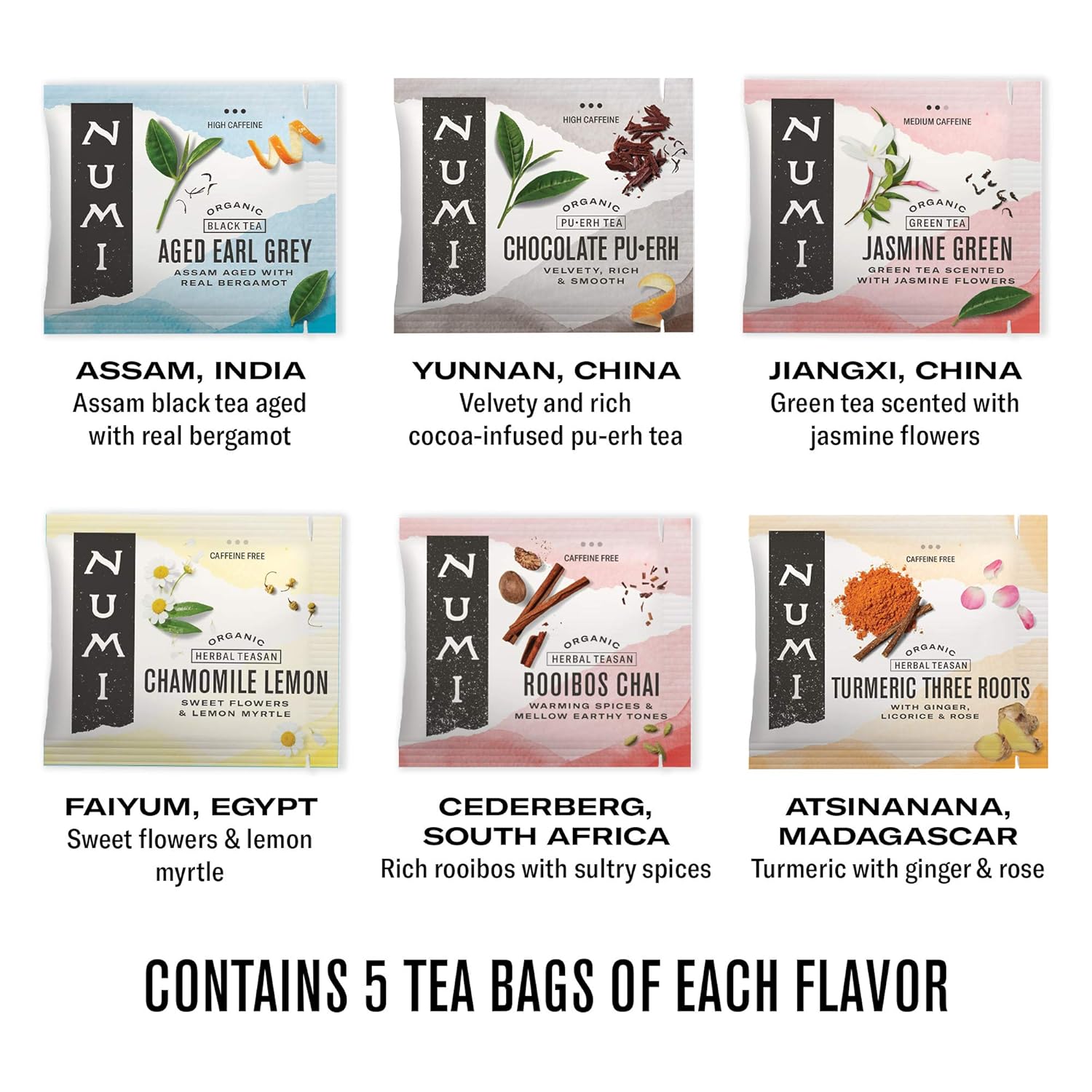 Numi Organic Wander With Purpose Tea Gift Set, 6 Flavor Fair Trade Tea Sampler, 30 Tea Bags Total