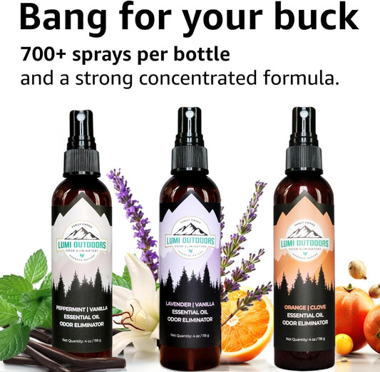 Lumi Outdoors Natural Air Freshener Spray - 3 Pack Bundle - Peppermint Vanilla, Lavender Vanilla, Orange Clove Room Sprays