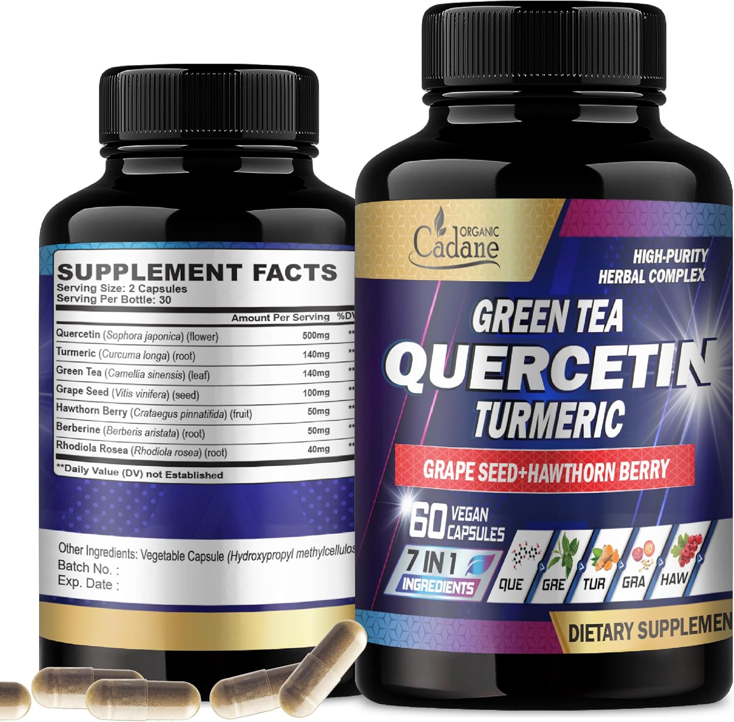 Organic Cadane Quercetin Supplements -7 Ingredients Extract With Green Tea, Grape Seed, Turmeric & More - 60 Capsules