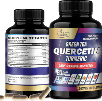Organic Cadane Quercetin Supplements -7 Ingredients Extract With Green Tea, Grape Seed, Turmeric & More - 60 Capsules