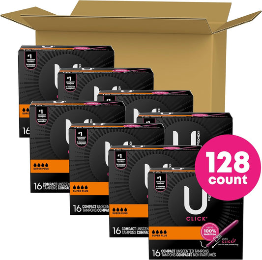 U By Kotex Click Compact Tampons, Super Plus Absorbency, Unscented, 128 Count (8 Packs Of 16) (Packaging May Vary)