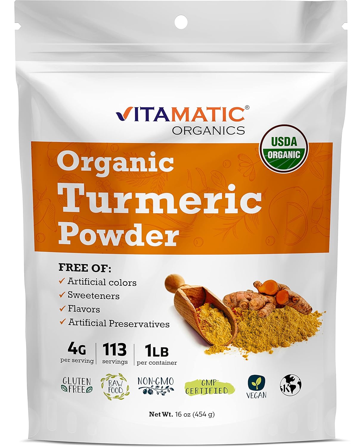 Vitamatic Certified USDA Organic Turmeric Powder 1 Pound (16 Ounce)