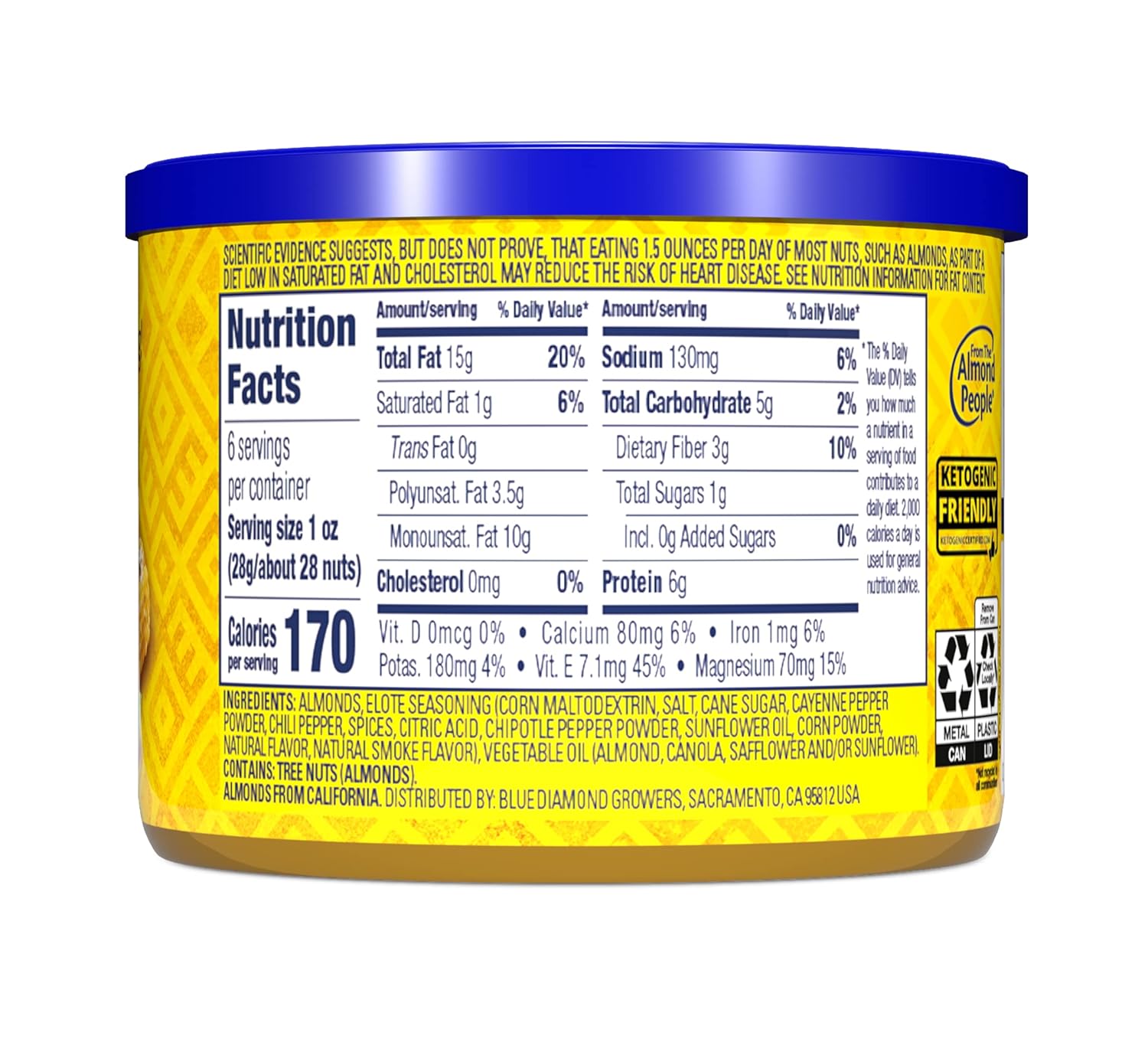 Blue Diamond Almonds, Bold Elote Mexican Street Corn Flavored Snack Nuts, 6 Ounce Can