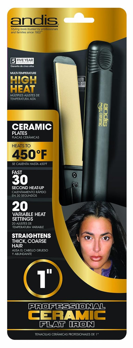 Andis 67095 Professional High Heat 1-inch Ceramic Tourmaline Ionic Flat Iron - Fast, Frizz-Free Ceramic Hair Straightener, Gentle Glide for Waves, Curls, and Smooth Hair, Black/Gold