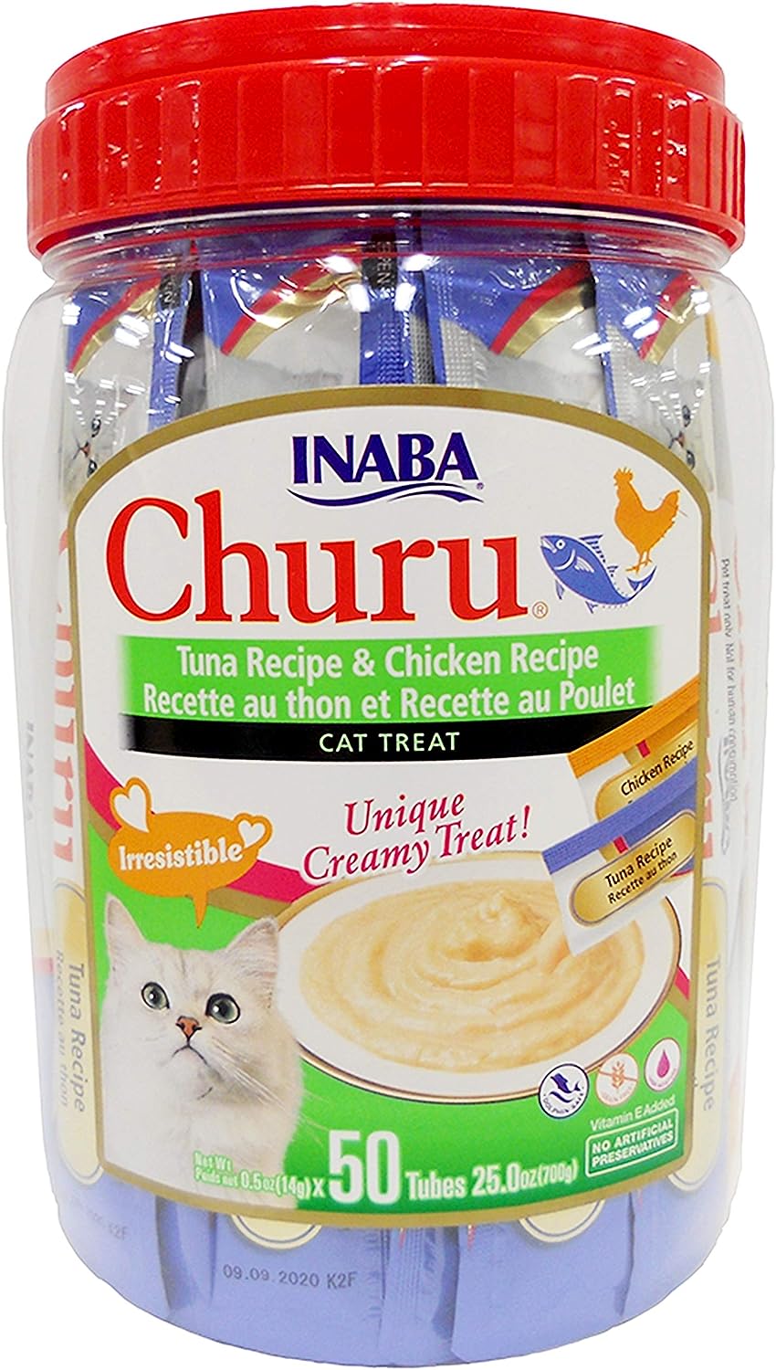 INABA Churu Cat Treats, Grain-Free, Lickable, Squeezable Creamy Purée Cat Treat/Topper, 25 Tuna & 25 Chicken
