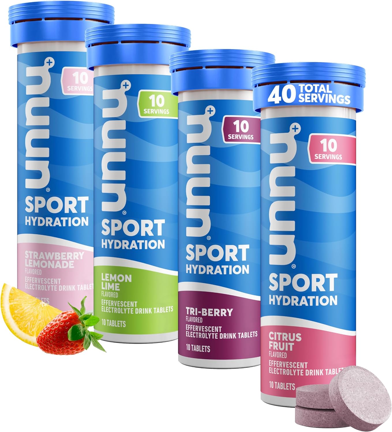 Nuun Sport Electrolyte Tablets - Dissolvable In Water, Mixed Flavors | 5 Essential Electrolytes For Hydration | 1G Sugar Drink Mix | Vegan, Non-Gmo | 4 Pack (40 Total Servings)