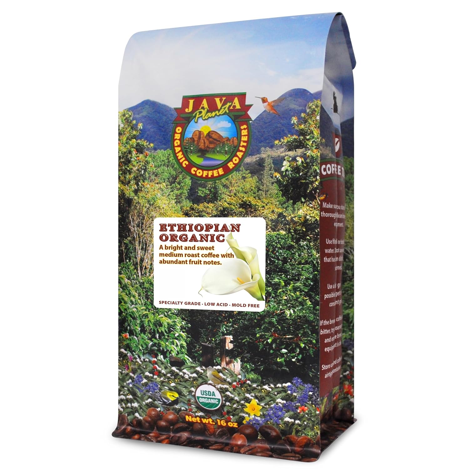 Java Planet Low Acid Coffee, Organic Ethiopia Single Origin: Whole Bean Medium Roast - Smooth Full Flavored Coffee Bean, 1Lb Bag