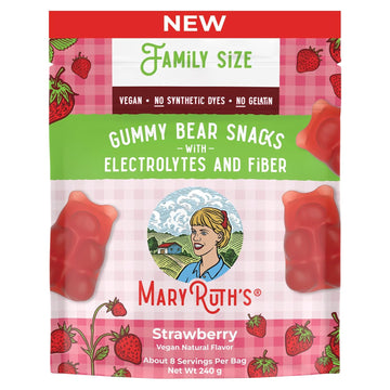 MaryRuth Organics Gummy Bears Snacks | Delicious Gummies with Electrolytes and Fiber | Gummy Candy Made with Organic Cane Sugar | Strawberry | Vegan, Pectin Based | Family Size | 240g
