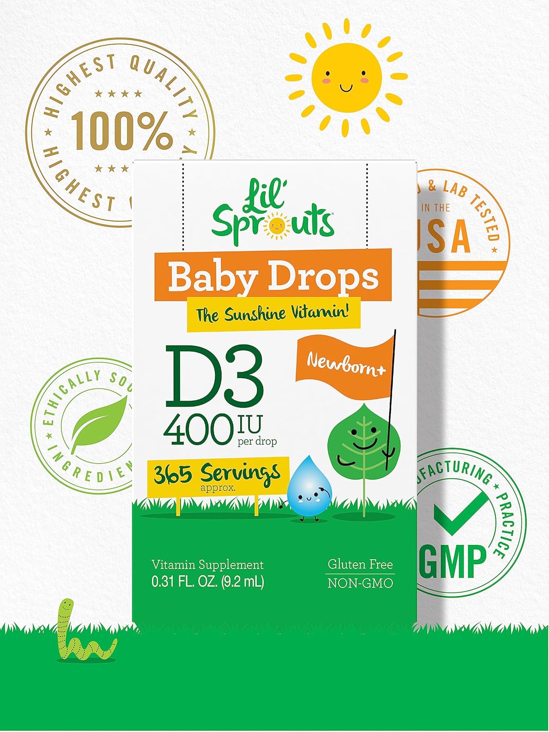 Carlyle Baby Vitamin D3 Liquid Drops | 400 IU | .31oz (9.2 mL) 1 Year Supply (365 Servings) | Vegetarian, Non-GMO, and Gluten Free by Lil' Sprouts : Health & Household