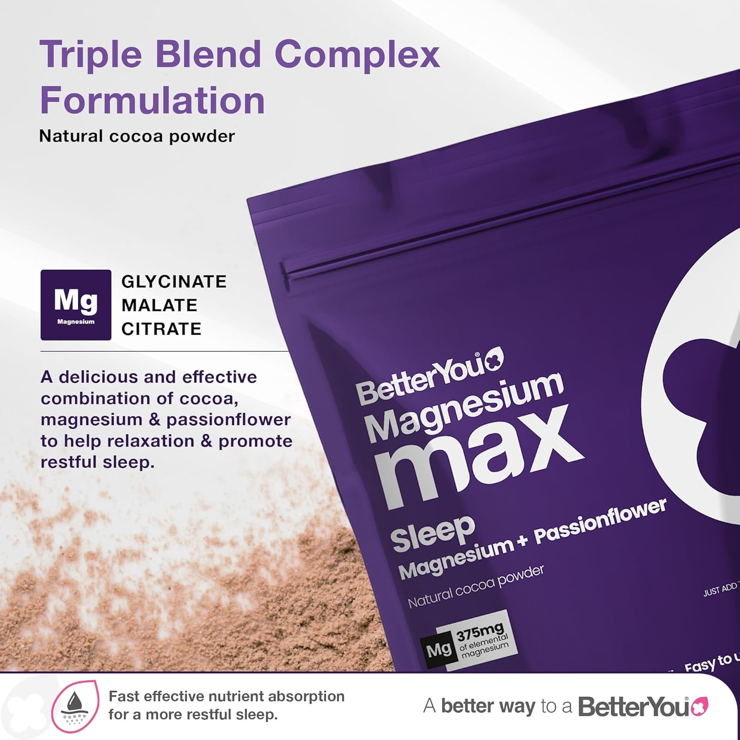BetterYou Magnesium Glycinate, Citrate and Malate Sleep Powder Supplement, 1941mg 3-in-1 Complex Magnesium Delivering optimally bioavailable 375mg Elemental 200mg Passionflower, Hot Chocolate Powder : Amazon.co.uk: Health & Personal Care