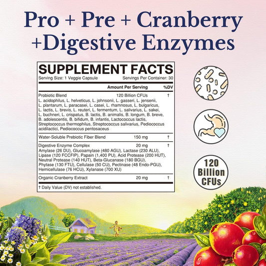 Vitalitown Probiotics For Women 120 Billion Cfus, 30 Strains, With Prebiotics & Digestive Enzymes & Cranberry, Gut & Vaginal Health, Vegan 30 Delayed Release Caps