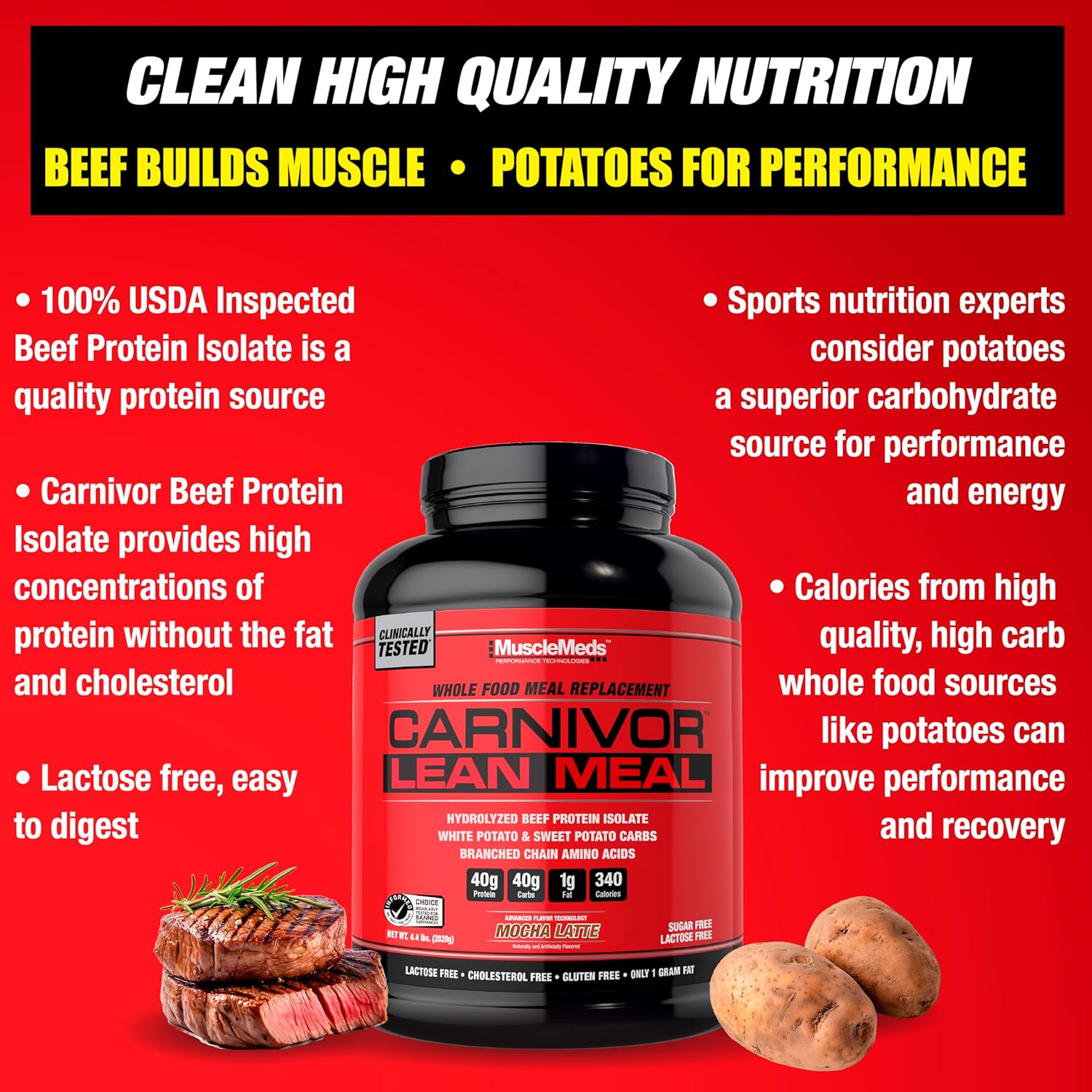 Musclemeds Carnivor Lean Meal Whole Food Meal Replacement Shake, Mre, Beef Protein Isolate, White Potato, Sweet Potato, 40G Protein, 40 G Carbs, Lactose Free, Sugar Free, Mocha Latte 20 Servings