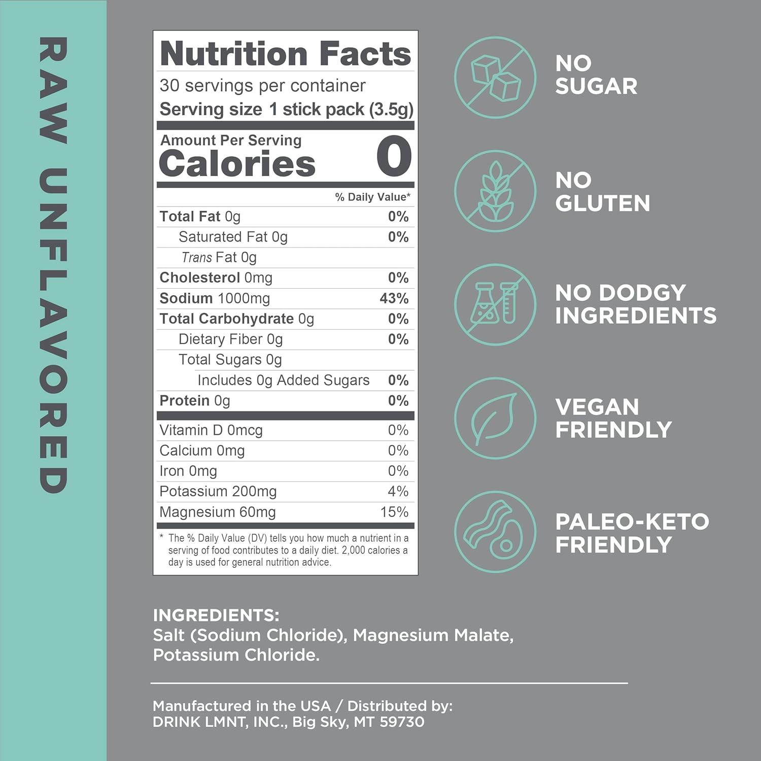Lmnt Zero Sugar Electrolytes - Raw Unflavored Salt | Drink Mix | 30-Count : Health & Household
