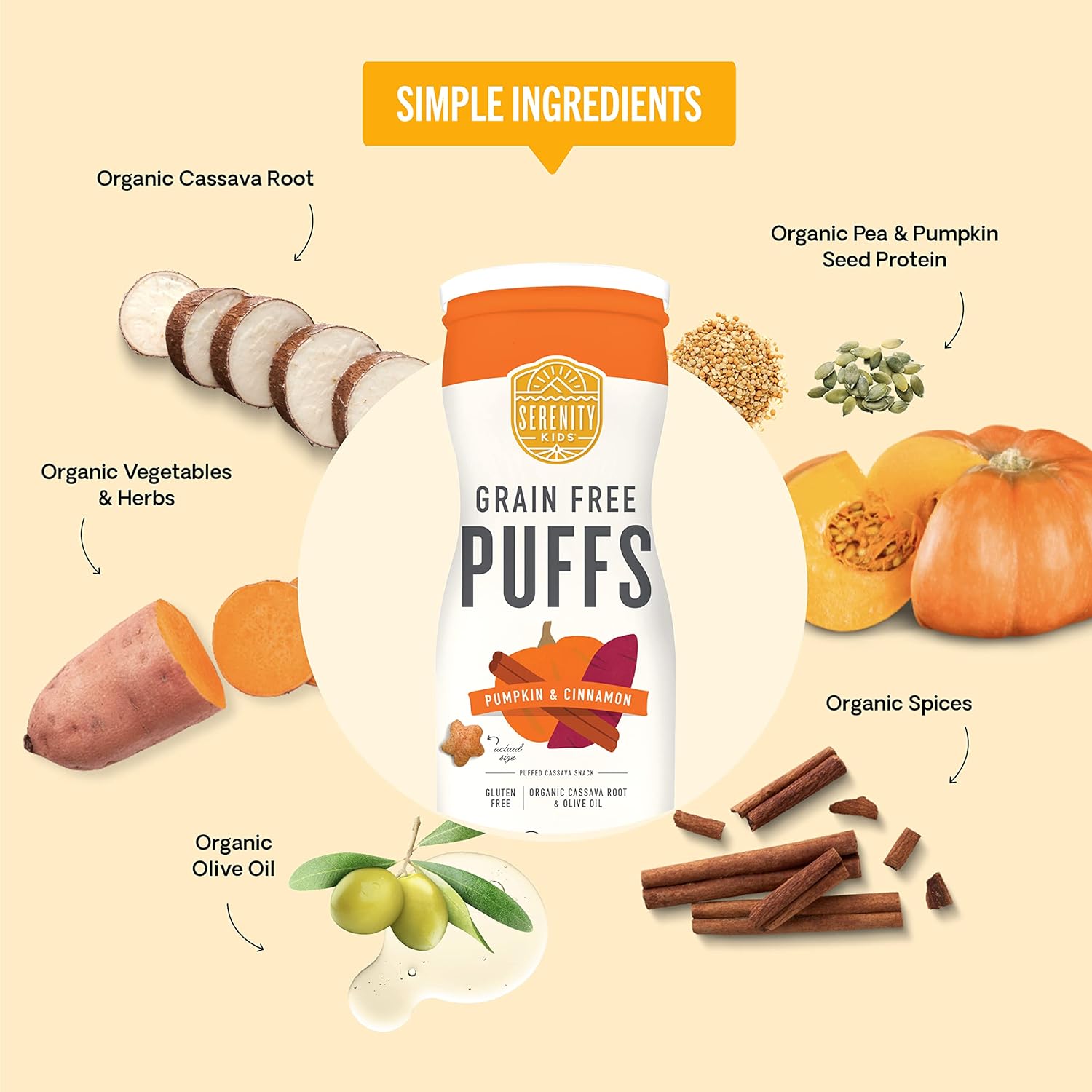 Serenity Kids Fall Harvest Flavors Baby Food and Snack Bundle | 6 Each of Pumpkin & Cinnamon Grain Free Puffs, Ethically Sourced Turkey & Rosemary Pouches, and Organic Squashes Pouches (18 Count) : Baby