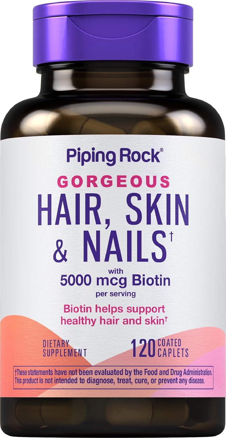 Piping Rock Hair Skin and Nails Vitamins | 120 Caplet Pills | 3000 mcg of Biotin | with Collagen | Multivitamin | Non-GMO, Gluten Free Supplement