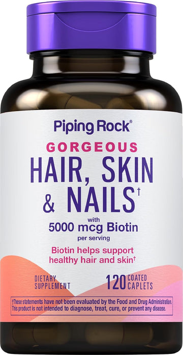 Piping Rock Hair Skin and Nails Vitamins | 120 Caplet Pills | 3000 mcg of Biotin | with Collagen | Multivitamin | Non-GMO, Gluten Free Supplement