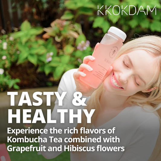 Kkokdam Kombucha Tea 15 Packs - Grapefruit & Hibiscus Korean Tea - Kombucha Drinks Probiotic Support, Low Calorie, Sugar Free Kombucha Pack - 15 Kombucha Drink Packs