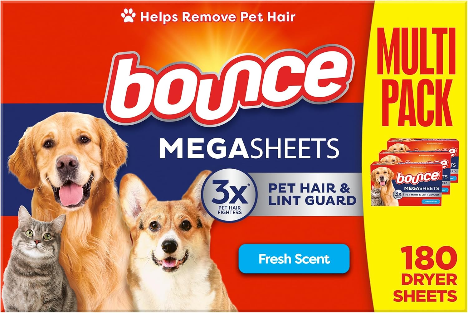 Bounce Pet Hair And Lint Guard Mega Dryer Sheets, Pet Hair Remover, Fresh Scent, 180 Count