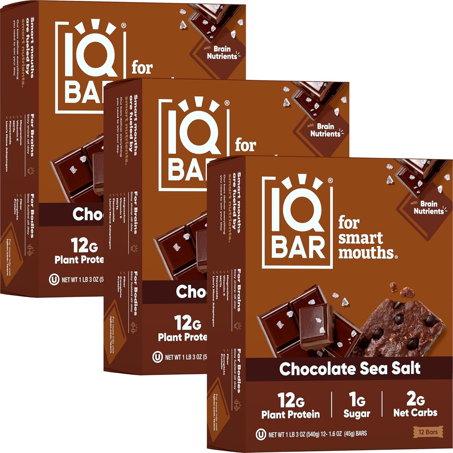 Iqbar Brain And Body Plant Protein Bars - Chocolate Sea Salt - 36 Count, Low Carb, High Fiber, Gluten Free, Vegan Snacks - Low Sugar Keto Energy Bar