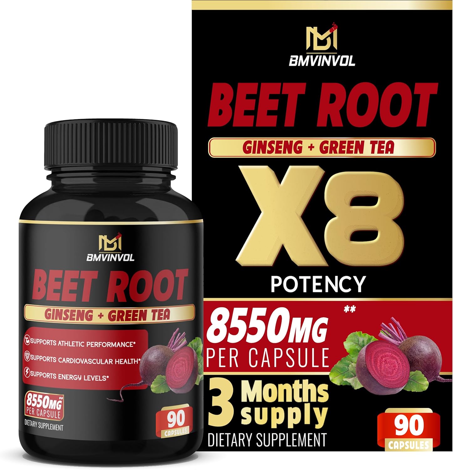 BMVINVOL Beet Root Extract Capsules 8550mg - Green Tea, Red Spinach, Ginseng - Supports Athletic Performance, Digestive, Immune System - 3 Months Supply