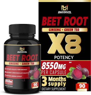 BMVINVOL Beet Root Extract Capsules 8550mg - Green Tea, Red Spinach, Ginseng - Supports Athletic Performance, Digestive, Immune System - 3 Months Supply