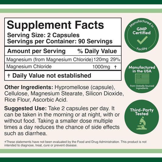 Magnesium Chloride (Cloruro De Magnesio) - 180 Capsules, 1,000Mg Per Serving, Supports Digestive And Bone Health - Non-Gmo And Gluten Free By Double Wood Supplements