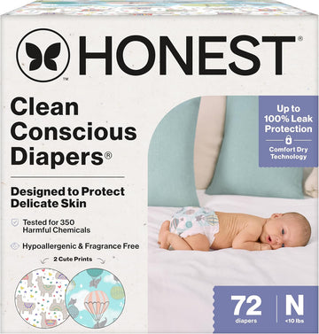 The Honest Company Clean Conscious Diapers For Delicate Skin | Up To 100% Leakproof | Hypoallergenic, Fragrance Free | Girl Prints | Club Box, Size Newborn, 72 Count (Prints May Vary)