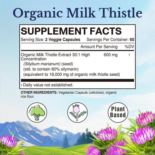 Vitalitown Organic Milk Thistle 600 Mg Seed Extract, 30:1 High Concentration, Equivalent To 18,000 Mg Silymarin Marianum, Liver Support, Detox & Cleanse, 120 Vegan Caps