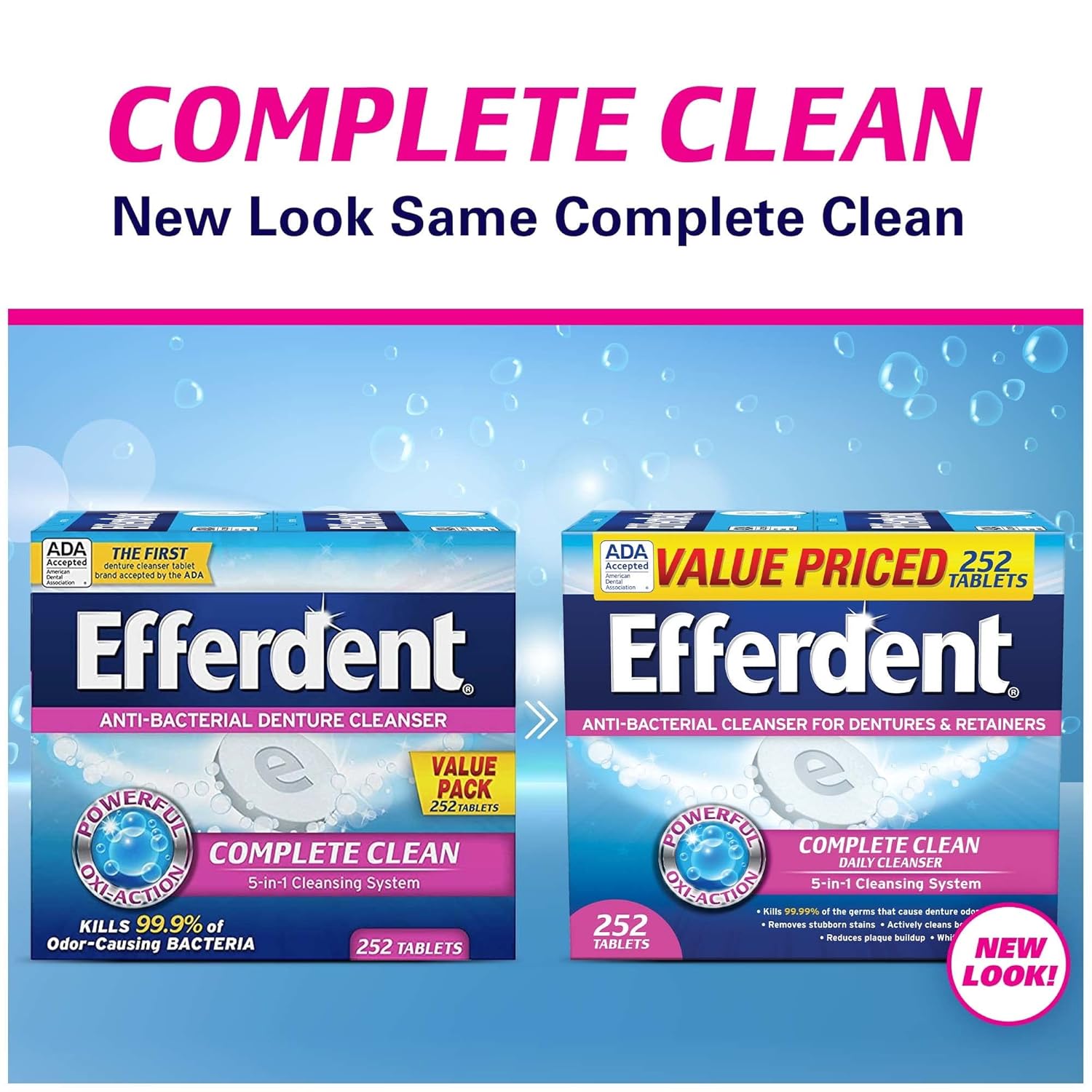 Efferdent Denture Cleanser Tablets, Complete Clean, Tablets, Multicolor, 252 Count