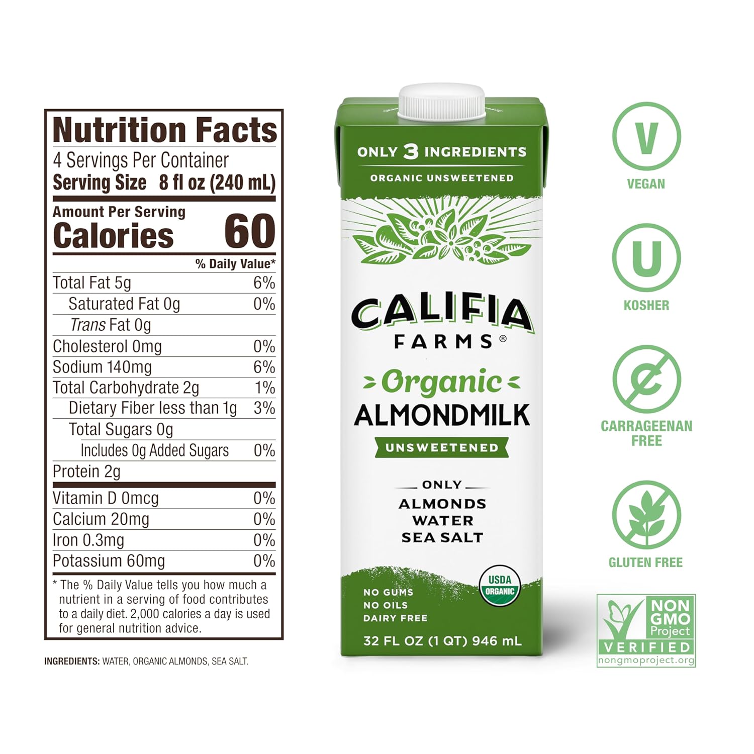 Califia Farms - Organic Unsweetened Almond Milk, 32 Oz (Pack Of 6), Dairy Free, Vegan, Plant Based, Keto, Vegan, Gluten Free, Non Gmo, Usda Organic