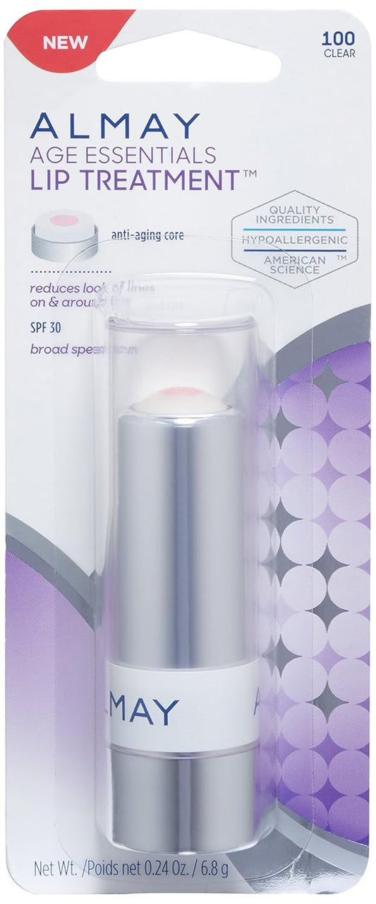 Almay Lip Treatment, Age Essentials, Spf 30, Hypoallergenic, Fragrance Free,100 Clear, 0.24 Oz