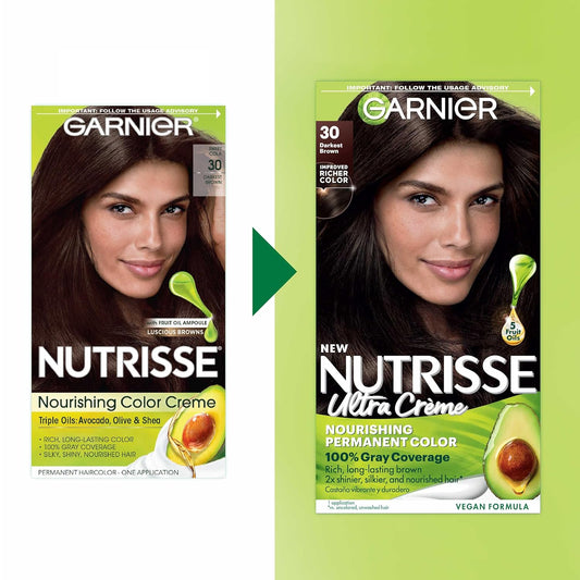 Garnier Hair Color Nutrisse Nourishing Creme, 30 Darkest Brown (Sweet Cola) Permanent Hair Dye, 2 Count (Packaging May Vary)