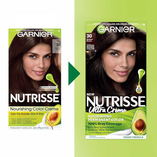 Garnier Hair Color Nutrisse Nourishing Creme, 30 Darkest Brown (Sweet Cola) Permanent Hair Dye, 2 Count (Packaging May Vary)