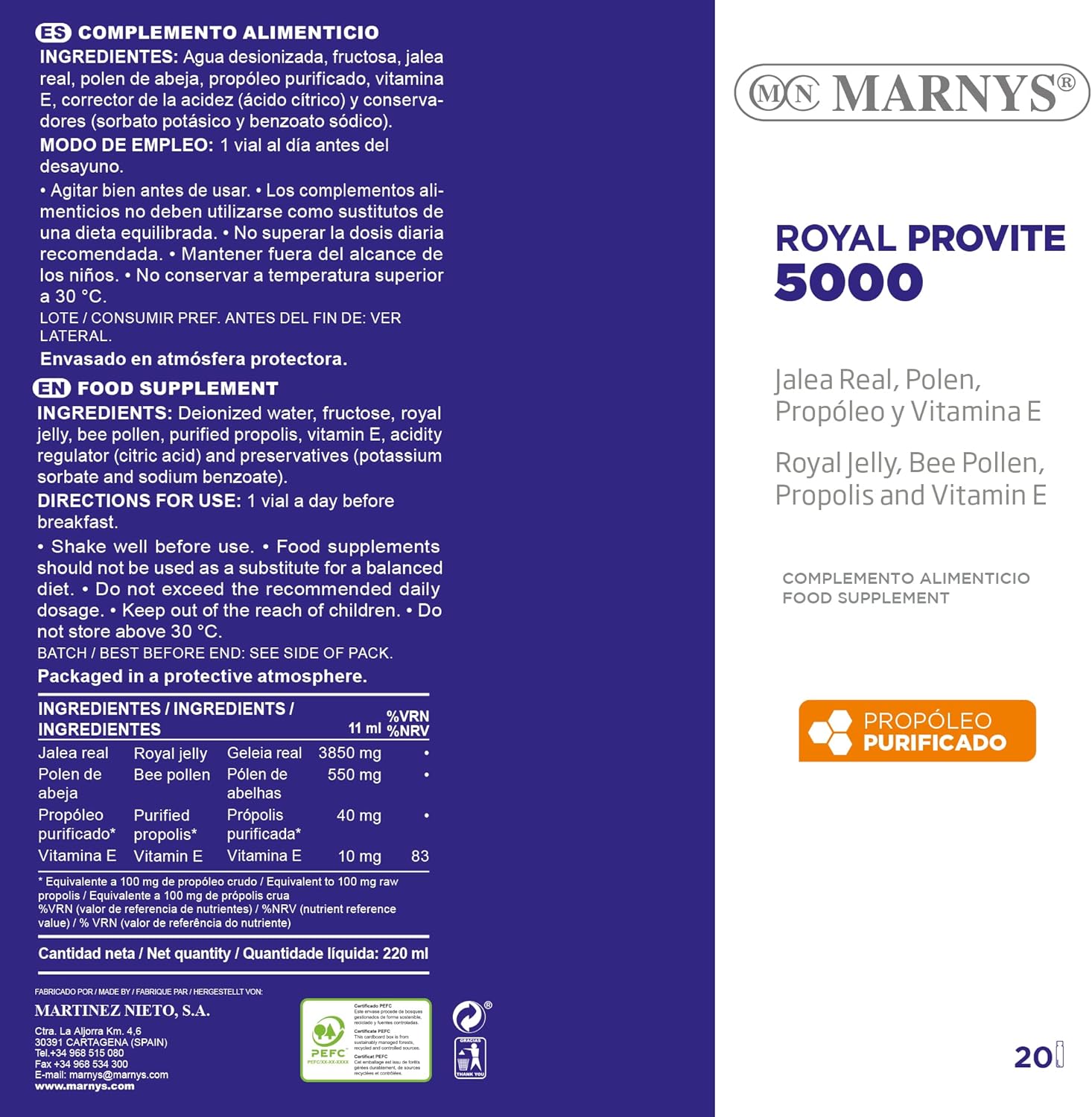 Marny'S Pure Real Jelly 3,850 Mg - Royal Provite 5000 - Maximum Energy For Special Periods - 20 Vials 415 G