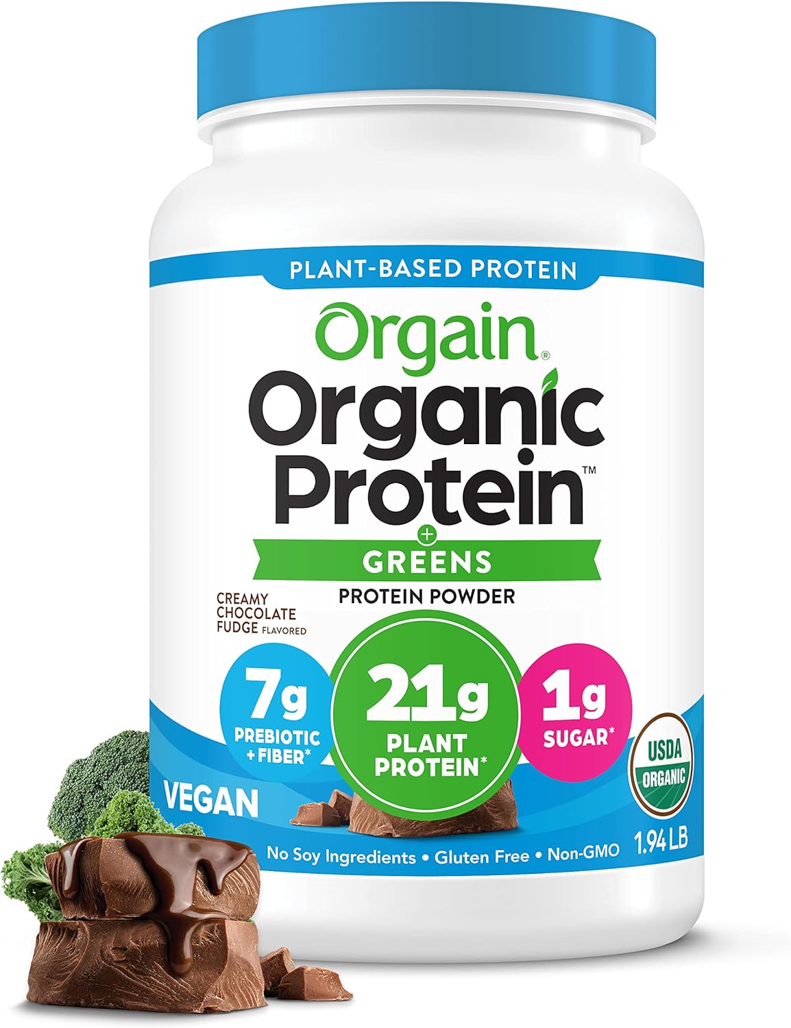 Orgain Organic Vegan Protein Powder + Greens, Creamy Chocolate Fudge - 21g Plant Based Protein, Gluten Free, Dairy & Lactose Free, Soy Free, No Sugar Added, Iron & Prebiotics for Gut Health - 1.94lb