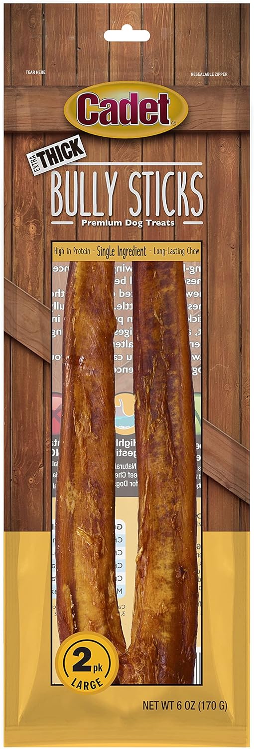 Cadet Bully Sticks For Small, Medium And Large Dogs – All-Natural Beef Pizzle, High Protein, Low Fat, Long-Lasting, Grain & Rawhide-Free Dog Chews For Aggressive Chewers, Extra-Thick Large (2 Count)