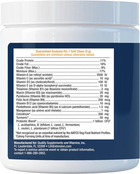 Life Extension Dog Multivitamin & Probiotics - Dog Food Supplement for Overall Health, Digestion and Immune Support - Vitamins, Probiotic Blend, Colostrum (Bovine) - 90 Soft Chews