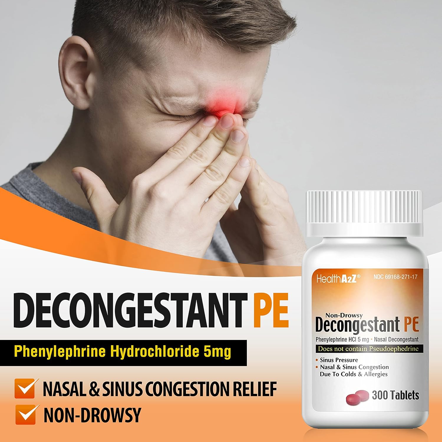 HealthA2Z® Decongestant PE | Phenylephrine HCl 5 mg | Non-Drowsy Nasal & Sinus Congestion Relief Due to Cold & Allergies (300 Count, 5mg) : Health & Household